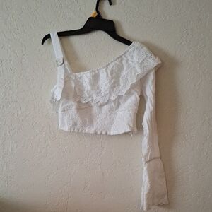 Wild Honey White Asymmetrical Ruffled Crop Blouse